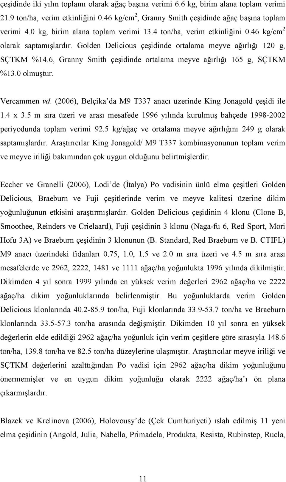 6, Granny Smith çeşidinde ortalama meyve ağırlığı 165 g, SÇTKM %13.0 olmuştur. Vercammen vd. (2006), Belçika da M9 T337 anacı üzerinde King Jonagold çeşidi ile 1.4 x 3.