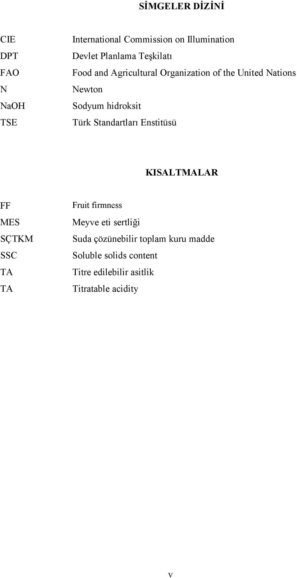 Standartları Enstitüsü KISALTMALAR FF MES SÇTKM SSC TA TA Fruit firmness Meyve eti sertliği Suda