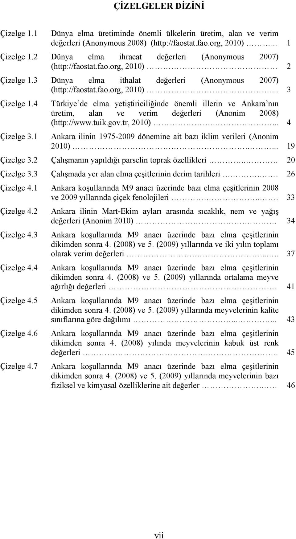 1 Türkiye de elma yetiştiriciliğinde önemli illerin ve Ankara nın üretim, alan ve verim değerleri (Anonim 2008) (http://www.tuik.gov.tr, 2010).