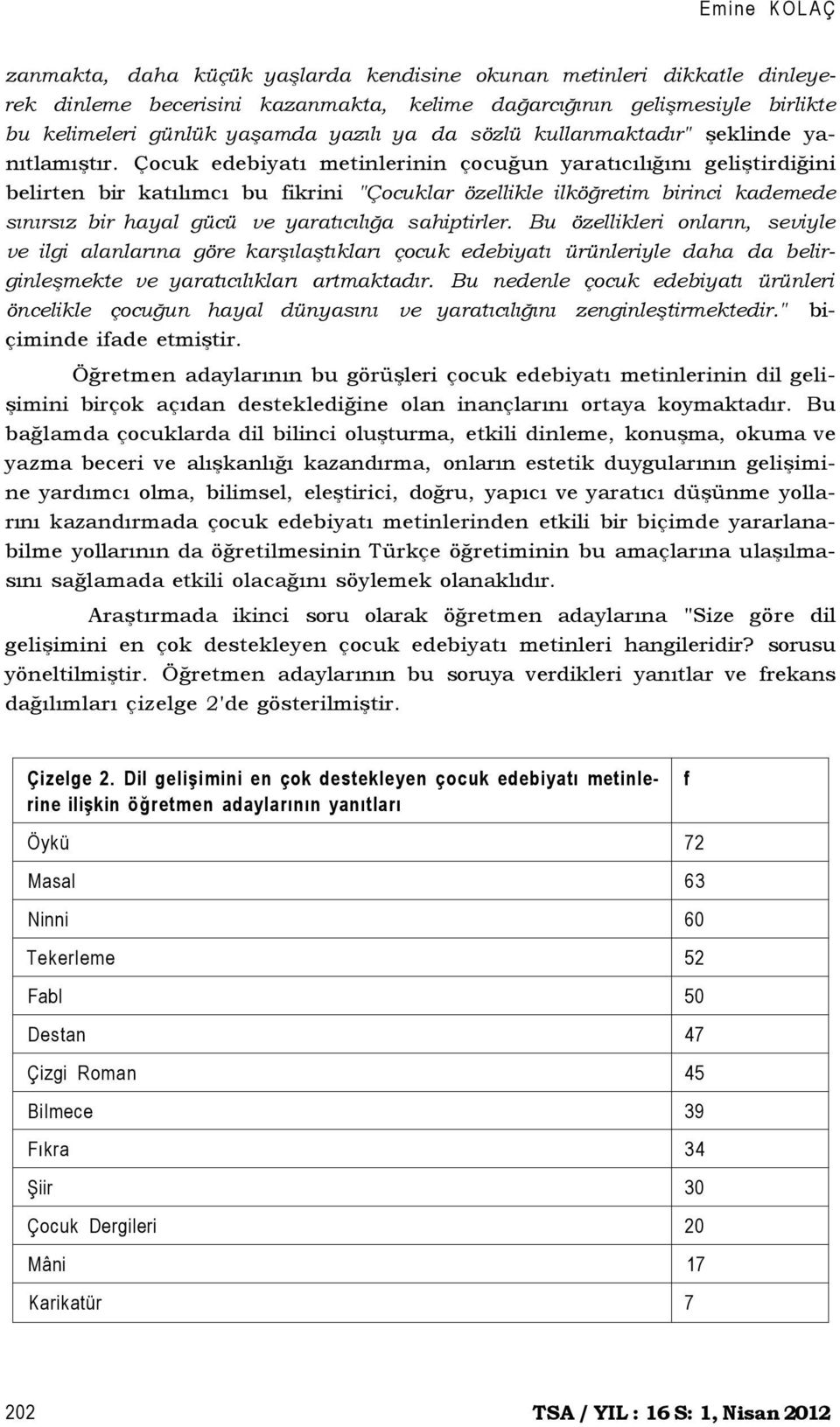 Çocuk edebiyatı metinlerinin çocuğun yaratıcılığını geliştirdiğini belirten bir katılımcı bu fikrini "Çocuklar özellikle ilköğretim birinci kademede sınırsız bir hayal gücü ve yaratıcılığa