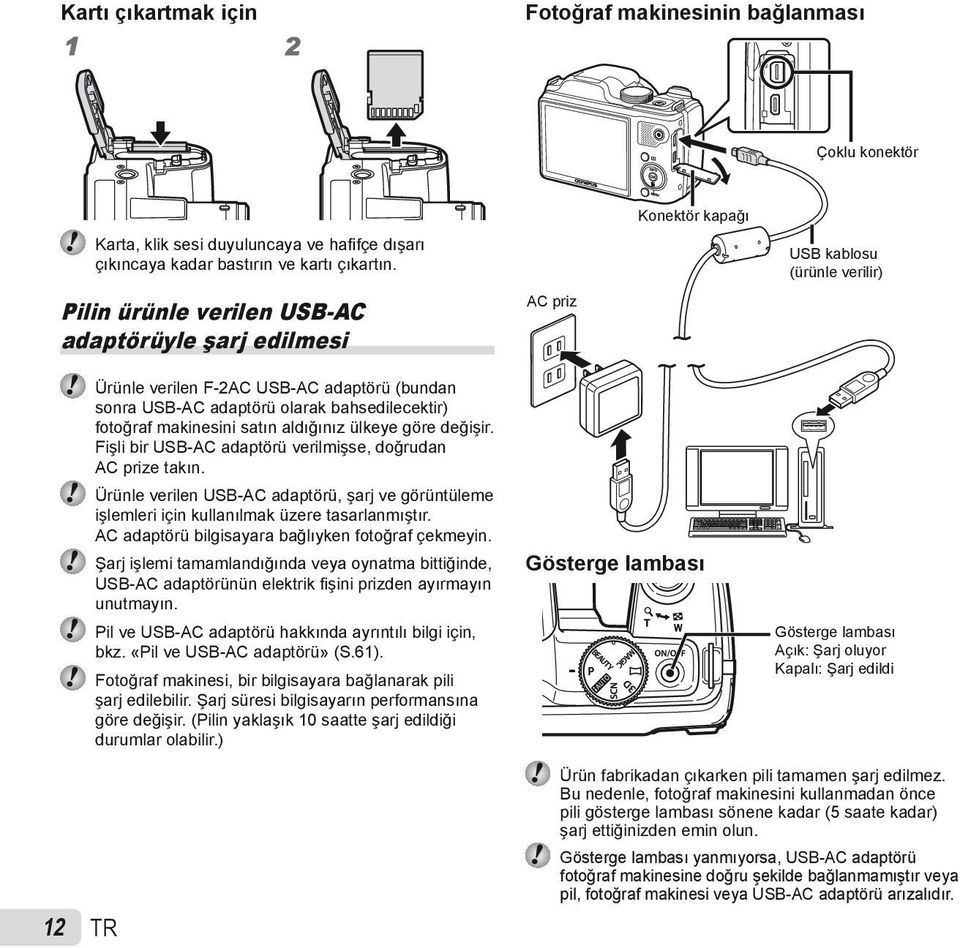 fotoğraf makinesini satın aldığınız ülkeye göre değişir. Fişli bir USB-AC adaptörü verilmişse, doğrudan AC prize takın.