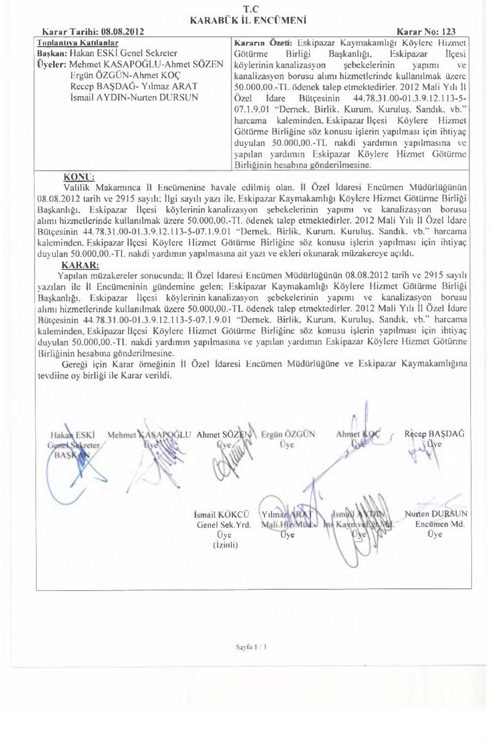 ve kanalizasyon borusu alımı hizmetlerinde kullanılmak üzere 50.000,00.-TL ödenek talep etmektedirler. 2012 Mali Yılı İl Özel İdare Bütçesinin 44.78.31.00-01.3.9.