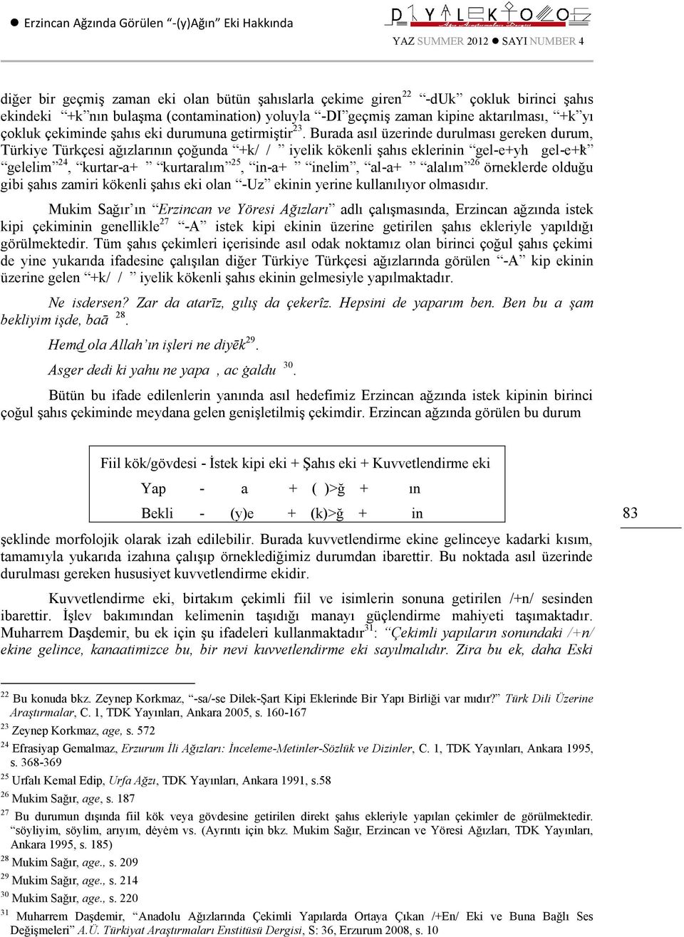 Burada asıl üzerinde durulması gereken durum, Türkiye Türkçesi ağızlarının çoğunda +k/ḳ/ḫ iyelik kökenli şahıs eklerinin gel-e+yh gel-e+ gelelim 24, kurtar-a+ḫ kurtaralım 25, in-a+ḳ inelim, al-a+ḫ