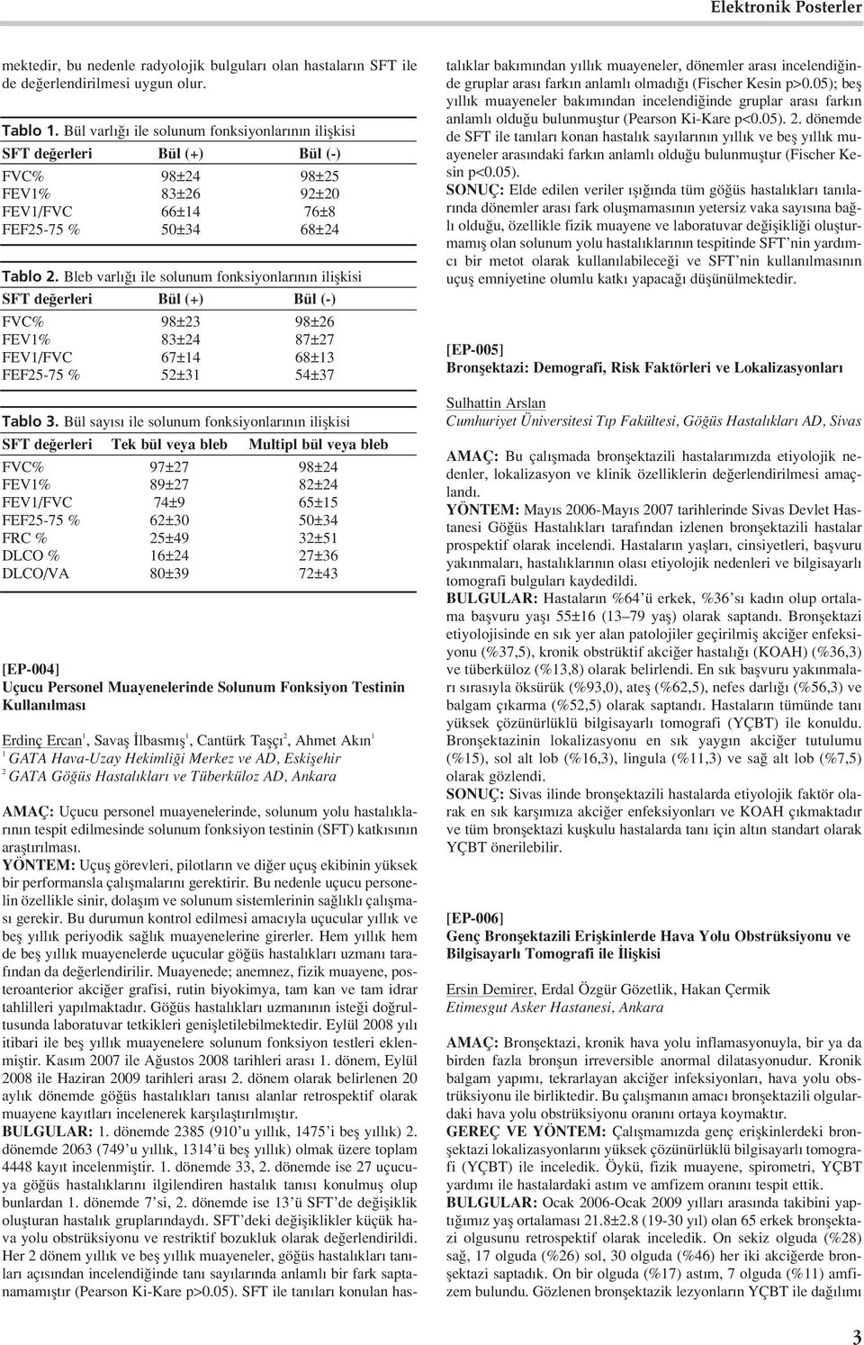 Bleb varl ile solunum fonksiyonlar n n iliflkisi SFT de erleri Bül (+) Bül (-) FVC% 98± 98±6 FEV% 8±4 87±7 FEV/FVC 67±4 68± FEF5-75 % 5± 54±7 Tablo.