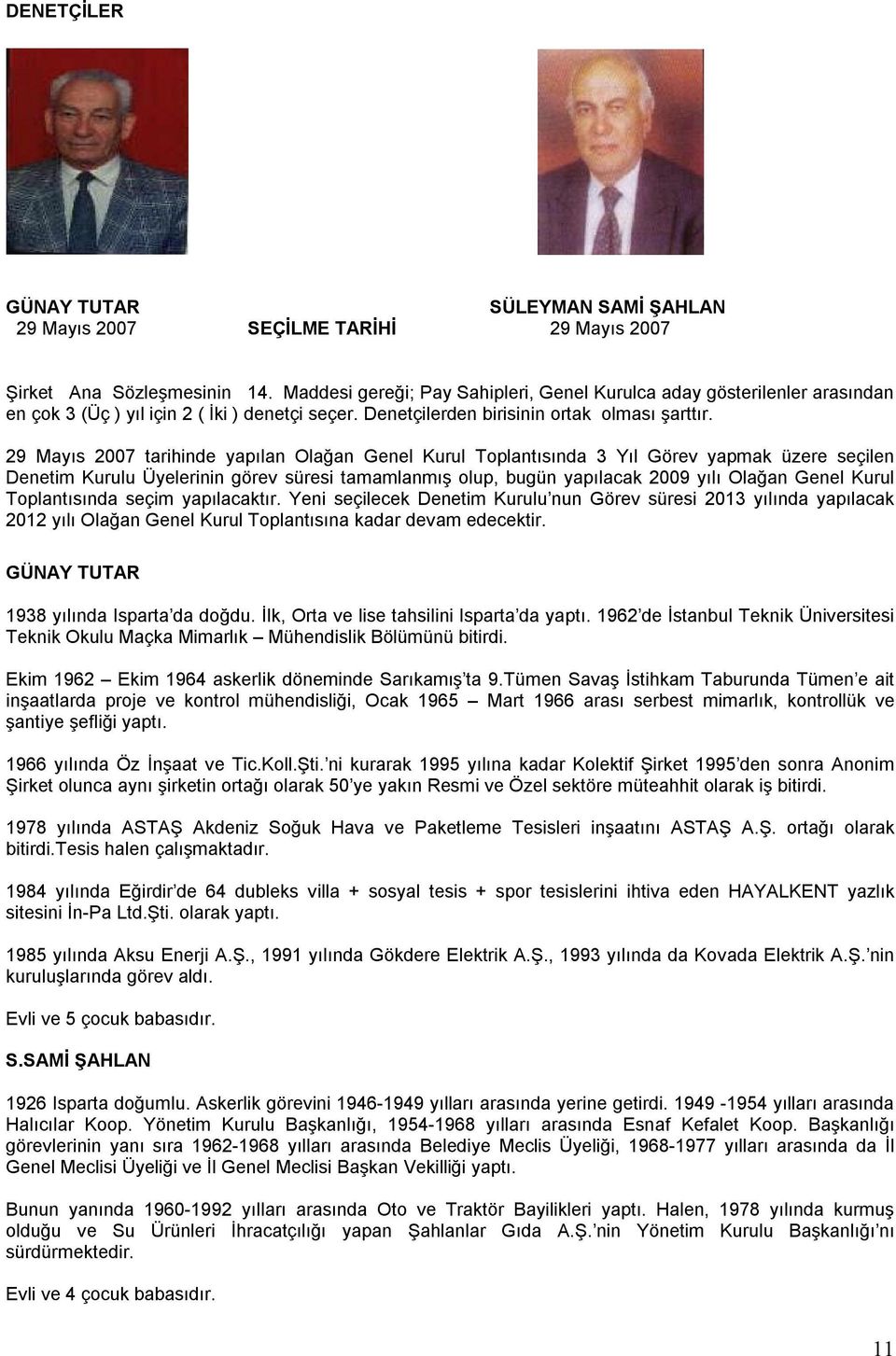 29 Mayıs 2007 tarihinde yapılan Olağan Genel Kurul Toplantısında 3 Yıl Görev yapmak üzere seçilen Denetim Kurulu Üyelerinin görev süresi tamamlanmış olup, bugün yapılacak 2009 yılı Olağan Genel Kurul