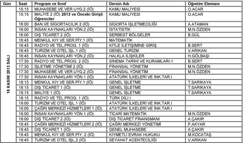 1 (İÖ) MATEMATİK 16:45 RADYO VE TEL.PROG. 1 (İÖ) KİTLE İLETİŞİMİNE GİRİŞ B.SERT 16:45 TURİZM VE OTEL İŞL.1 (İÖ) GENEL TURİZM V.ARIKAN 16:45 İNSAN KAYNAKLARI YÖN.2 (İÖ) HALKLA İLİŞKİLER H.