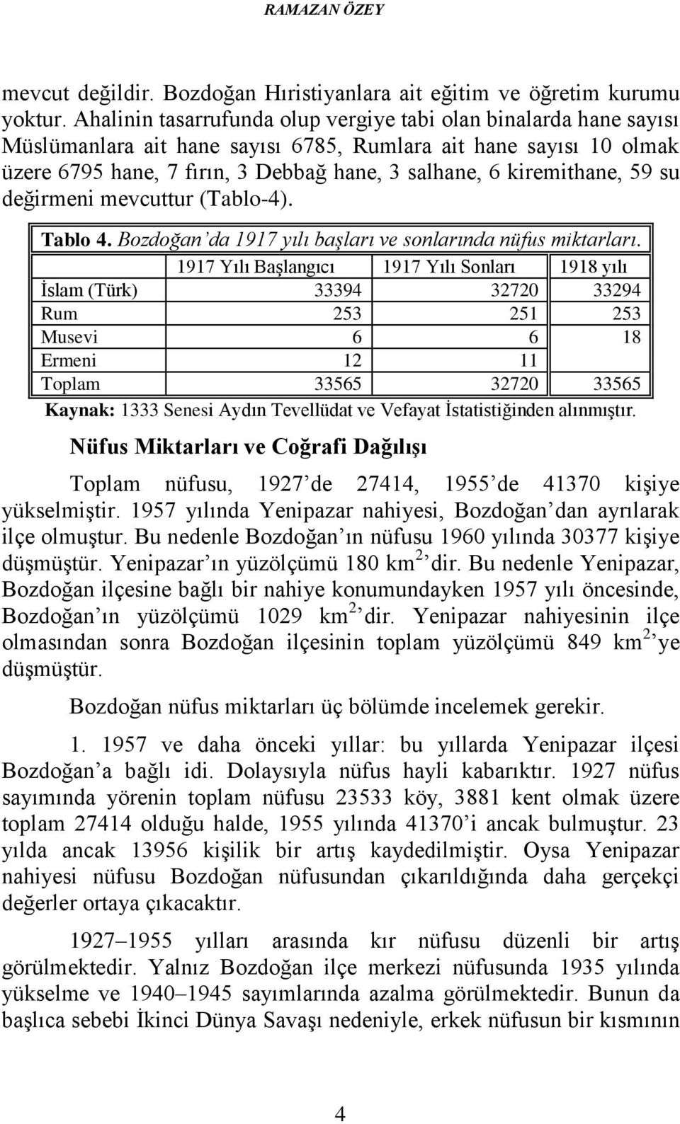 kiremithane, 59 su değirmeni mevcuttur (Tablo-4). Tablo 4. Bozdoğan da 1917 yılı başları ve sonlarında nüfus miktarları.