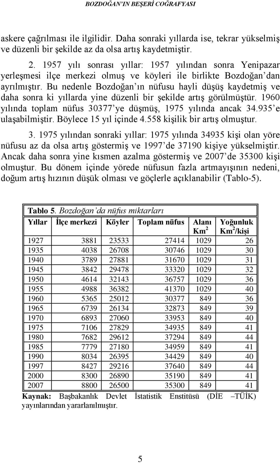 Bu nedenle Bozdoğan ın nüfusu hayli düşüş kaydetmiş ve daha sonra ki yıllarda yine düzenli bir şekilde artış görülmüştür. 1960 yılında toplam nüfus 30377 ye düşmüş, 1975 yılında ancak 34.