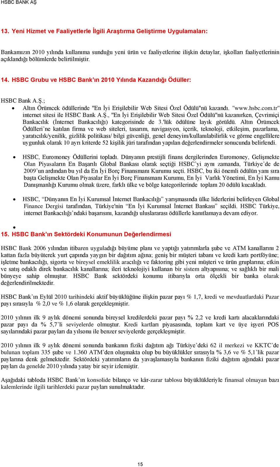 tr'' internet sitesi ile HSBC Bank A.Ş., ''En İyi Erişilebilir Web Sitesi Özel Ödülü''nü kazanırken, Çevrimiçi Bankacılık (İnternet Bankacılığı) kategorisinde de 3.'lük ödülüne layık görüldü.