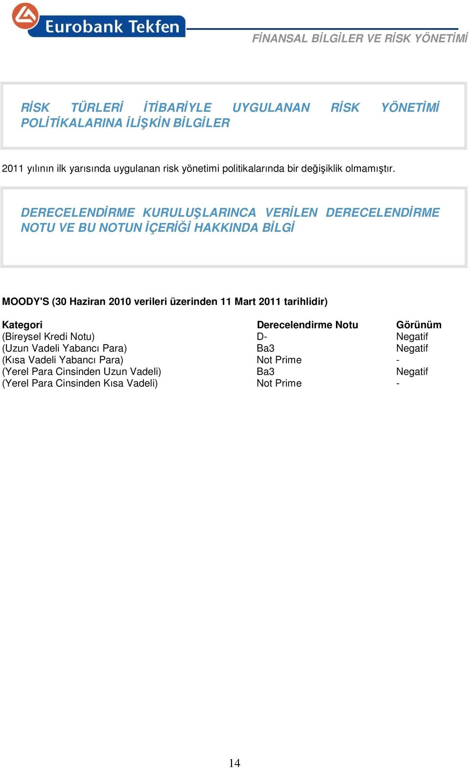 DERECELENDĐRME KURULUŞLARINCA VERĐLEN DERECELENDĐRME NOTU VE BU NOTUN ĐÇERĐĞĐ HAKKINDA BĐLGĐ MOODY'S (30 Haziran 2010 verileri üzerinden 11 Mart 2011