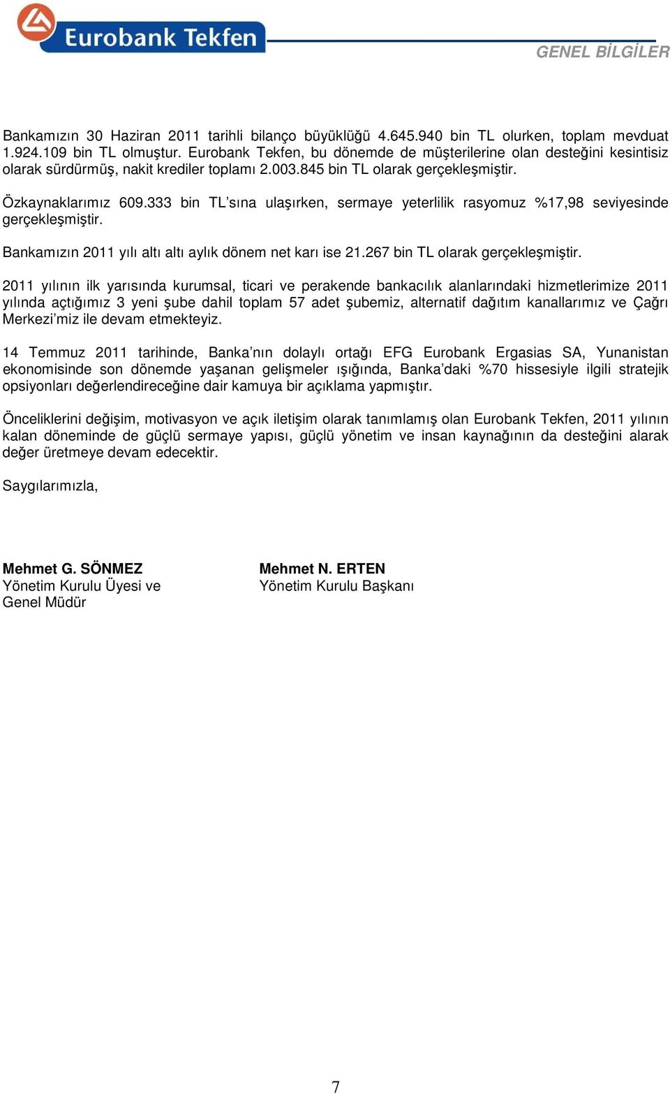 333 bin TL sına ulaşırken, sermaye yeterlilik rasyomuz %17,98 seviyesinde gerçekleşmiştir. Bankamızın 2011 yılı altı altı aylık dönem net karı ise 21.267 bin TL olarak gerçekleşmiştir.