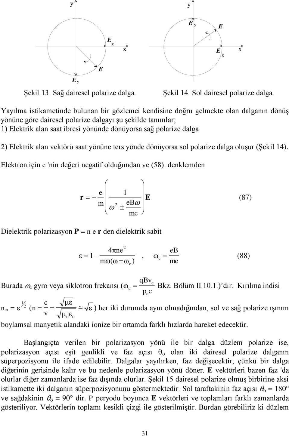 plarize dalga ) Elektrik alan ektörü saat yönüne ters yönde dönüyrsa sl plarize dalga luşur (Şekil 14). Elektrn için e 'nin değeri negatif lduğundan e (58).