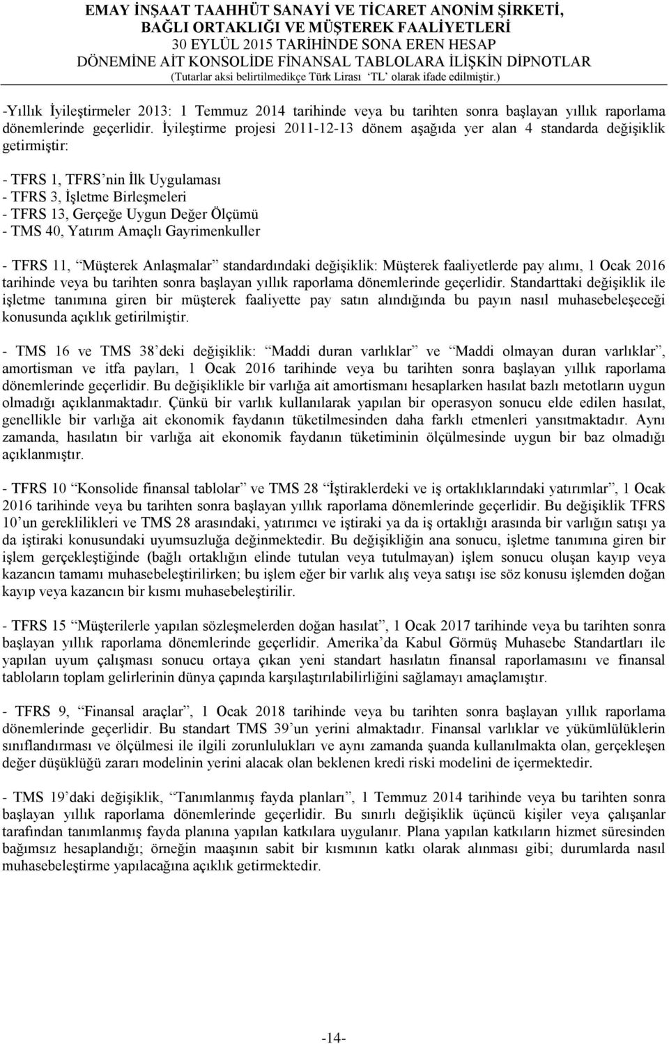 40, Yatırım Amaçlı Gayrimenkuller - TFRS 11, Müşterek Anlaşmalar standardındaki değişiklik: Müşterek faaliyetlerde pay alımı, 1 Ocak 2016 tarihinde veya bu tarihten sonra başlayan yıllık raporlama