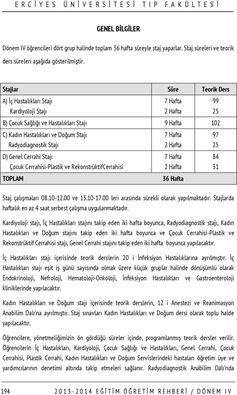 7 Hafta 2 Hafta 97 25 D) Genel Cerrahi Stajı Çocuk Cerrahisi-Plastik ve RekonstrüktifCerrahisi 7 Hafta 2 Hafta 84 31 TOPLAM 36 Hafta Staj çalışmaları 08.10-12.00 ve 13.10-17.