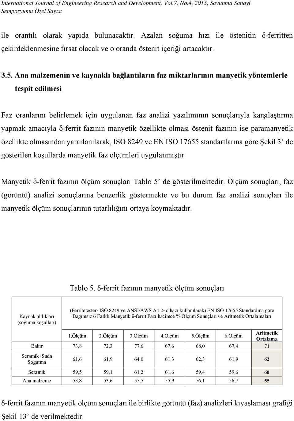 amacıyla δ-ferrit fazının manyetik özellikte olması östenit fazının ise paramanyetik özellikte olmasından yararlanılarak, ISO 8249 ve EN ISO 17655 standartlarına göre Şekil 3 de gösterilen koşullarda