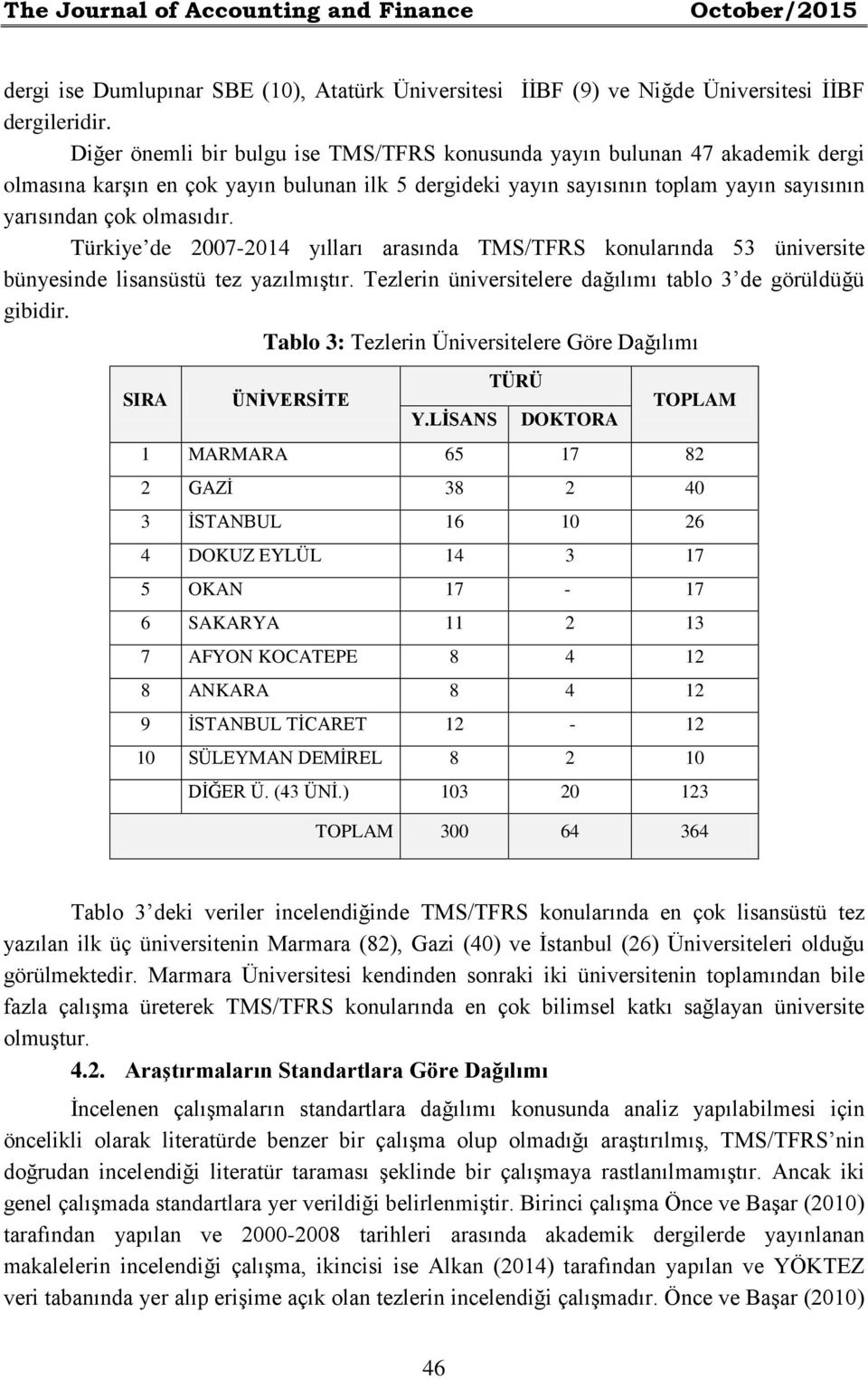 Türkiye de 2007-2014 yılları arasında TMS/TFRS konularında 53 üniversite bünyesinde lisansüstü tez yazılmıştır. Tezlerin üniversitelere dağılımı tablo 3 de görüldüğü gibidir.