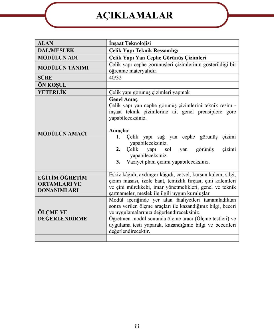 SÜRE 40/32 ÖN KOŞUL YETERLİK Çelik yapı görünüş çizimleri yapmak Genel Amaç Çelik yapı yan cephe görünüş çizimlerini teknik resim - inşaat teknik çizimlerine ait genel prensiplere göre