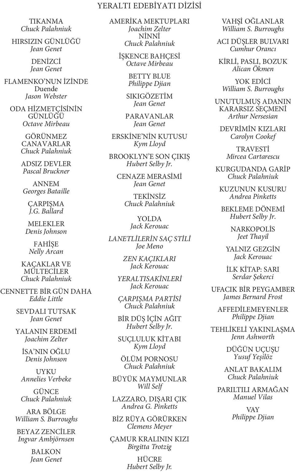 Ballard MELEKLER Denis Johnson FAHİŞE Nelly Arcan KAÇAKLAR VE MÜLTECİLER CENNETTE BİR GÜN DAHA Eddie Little SEVDALI TUTSAK Jean Genet YALANIN ERDEMİ Joachim Zelter İSA NIN OĞLU Denis Johnson UYKU