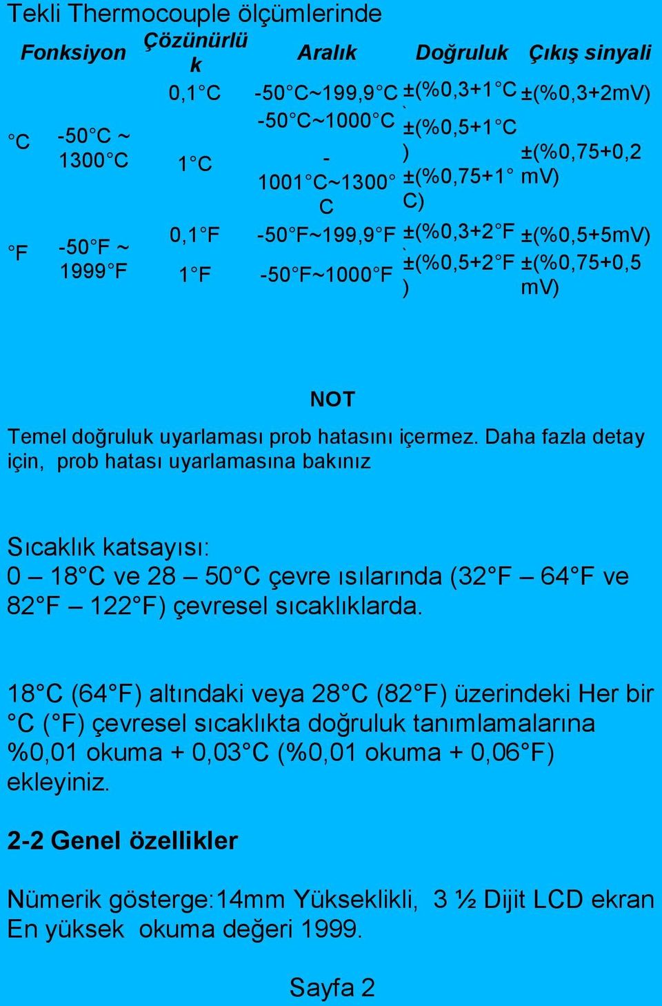 Daha fazla detay için, prob hatası uyarlamasına bakınız Sıcaklık katsayısı: 0 18 C ve 28 50 C çevre ısılarında (32 F 64 F ve 82 F 122 F) çevresel sıcaklıklarda.