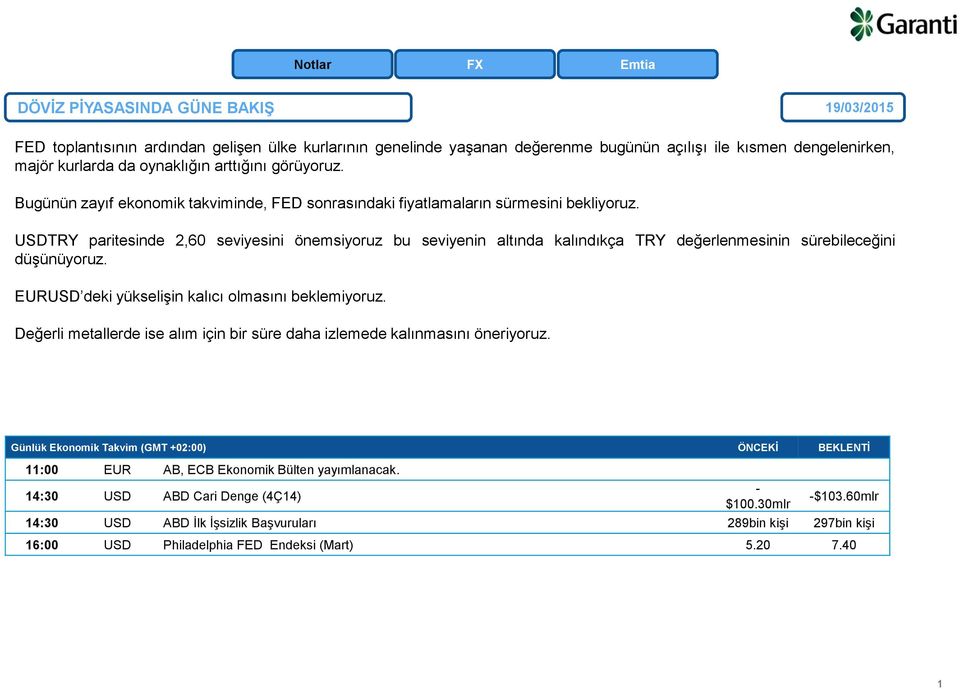 USDTRY paritesinde 2,60 seviyesini önemsiyoruz bu seviyenin altında kalındıkça TRY değerlenmesinin sürebileceğini düşünüyoruz. EURUSD deki yükselişin kalıcı olmasını beklemiyoruz.