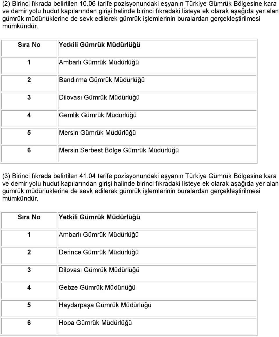 4 Gemlik Gümrük Müdürlüğü 5 Mersin Gümrük Müdürlüğü 6 Mersin Serbest Bölge Gümrük Müdürlüğü (3) Birinci fıkrada