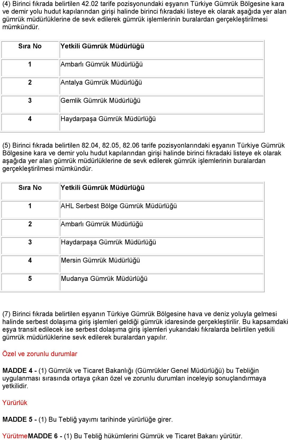 06 tarife pozisyonlarındaki eşyanın Türkiye Gümrük Bölgesine kara ve demir yolu hudut kapılarından girişi halinde birinci fıkradaki listeye ek olarak aşağıda yer alan gümrük müdürlüklerine de sevk