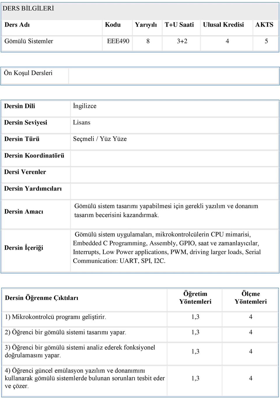 Dersin İçeriği Gömülü sistem uygulamaları, mikrokontrolcülerin CPU mimarisi, Embedded C Programming, Assembly, GPIO, saat ve zamanlayıcılar, Interrupts, Low Power applications, PWM, driving larger