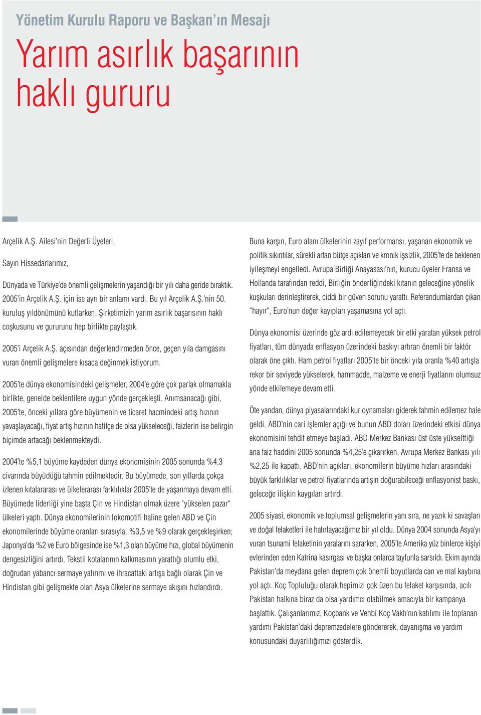 fi. nin 50. kurulufl y ldönümünü kutlarken, fiirketimizin yar m as rl k baflar s n n hakl coflkusunu ve gururunu hep birlikte paylaflt k. 2005 i Arçelik A.fi. aç s ndan de erlendirmeden önce, geçen y la damgas n vuran önemli geliflmelere k saca de inmek istiyorum.
