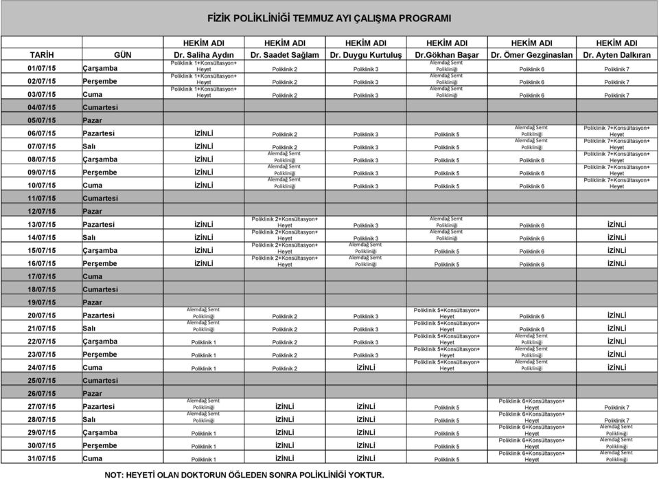 Ayten Dalkıran 01/07/15 Çarşamba Poliklinik 1+Konsültasyon+ Heyet Poliklinik 2 Poliklinik 3 Poliklinik 6 Poliklinik 7 02/07/15 Perşembe Poliklinik 1+Konsültasyon+ Heyet Poliklinik 2 Poliklinik 3