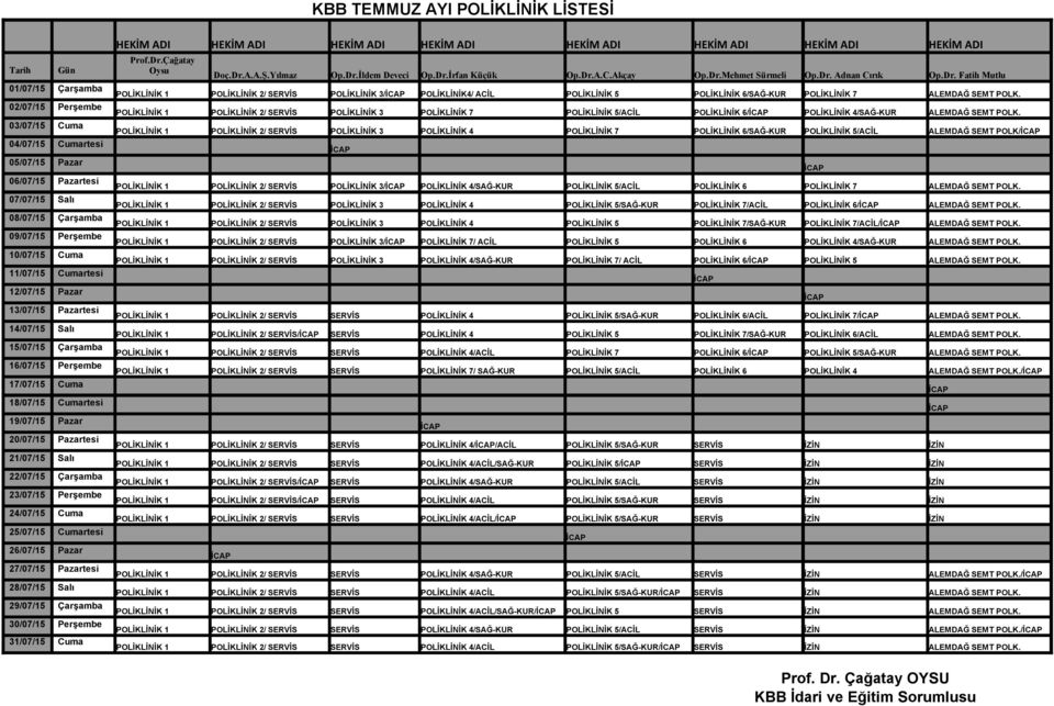 22/07/15 Çarşamba 23/07/15 Perşembe 24/07/15 Cuma 25/07/15 Cumartesi 26/07/15 Pazar 27/07/15 Pazartesi 28/07/15 Salı 29/07/15 Çarşamba 30/07/15 Perşembe 31/07/15 Cuma HEKİM ADI HEKİM ADI HEKİM ADI