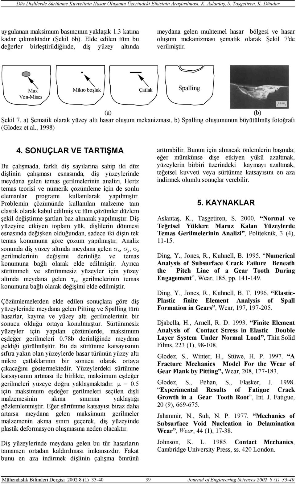 Max Von-Mises Mikro boşluk Çatlak Spalling (a) (b) Şekil 7. a) Şematik olarak yüzey altı hasar oluşum mekanizması, b) Spalling oluşumunun büyütülmüş fotoğrafı (Glodez et al., 1998) 4.