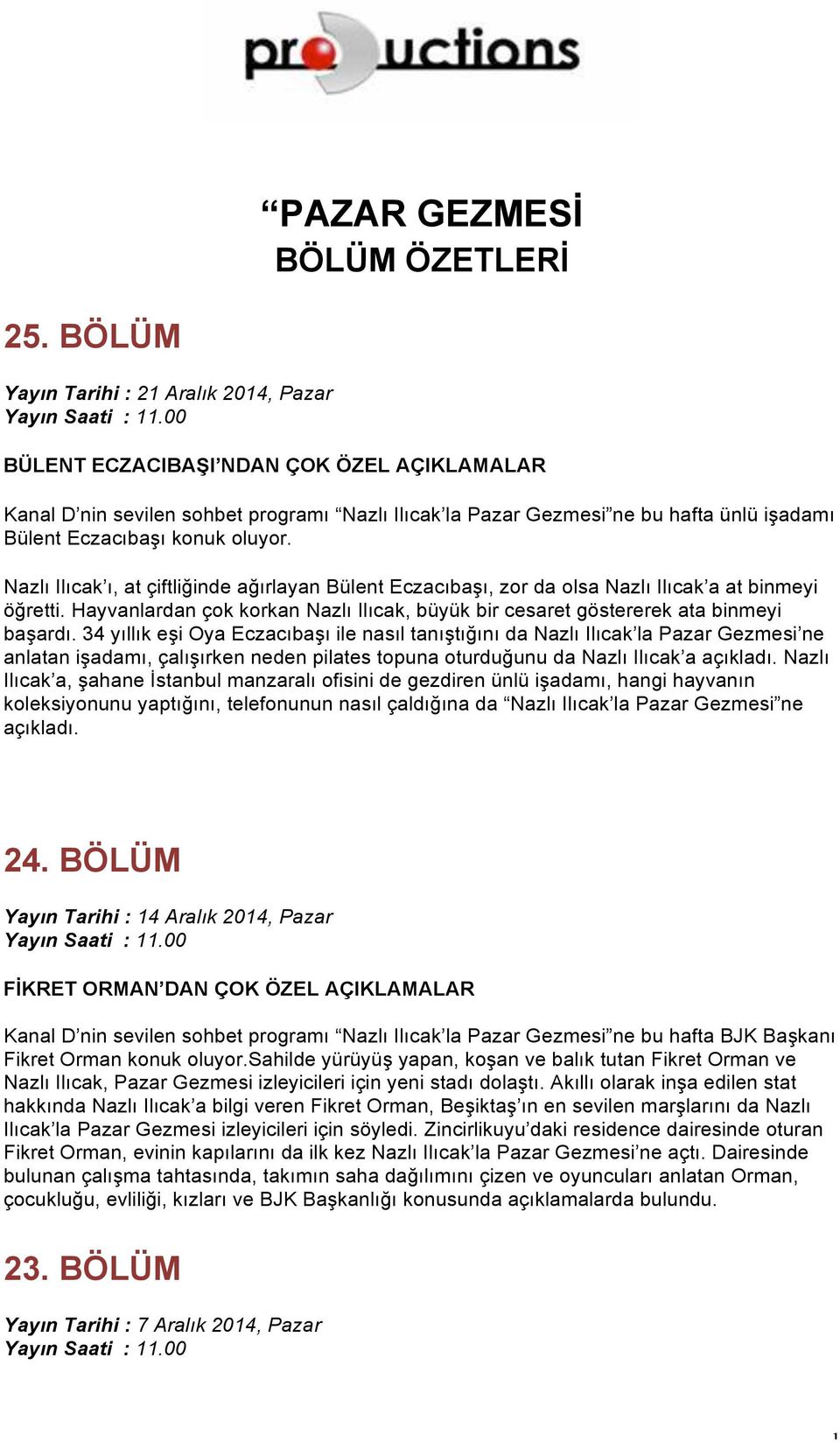 Nazlı Ilıcak ı, at çiftliğinde ağırlayan Bülent Eczacıbaşı, zor da olsa Nazlı Ilıcak a at binmeyi öğretti. Hayvanlardan çok korkan Nazlı Ilıcak, büyük bir cesaret göstererek ata binmeyi başardı.