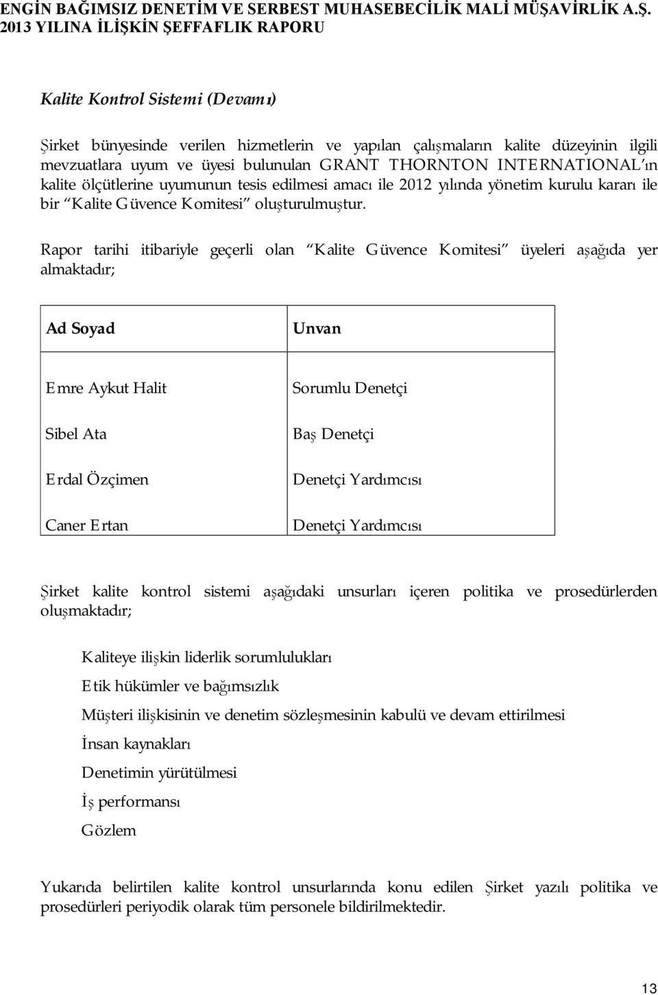 Rapor tarihi itibariyle geçerli olan Kalite Güvence Komitesi üyeleri aşağıda yer almaktadır; Ad Soyad Unvan Emre Aykut Halit Sibel Ata Erdal Özçimen Caner Ertan Sorumlu Denetçi Baş Denetçi Denetçi