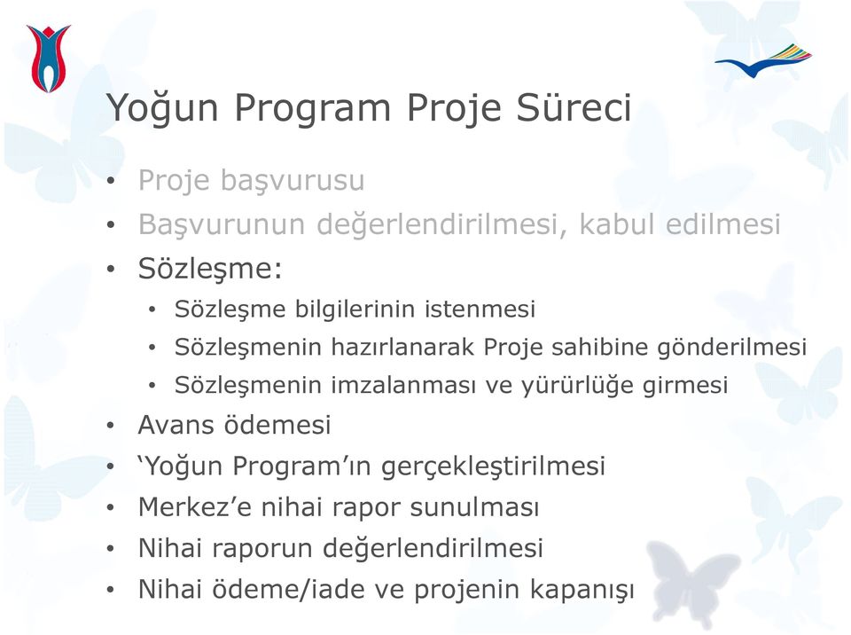 Sözleşmenin imzalanması ve yürürlüğe girmesi Avans ödemesi Yoğun Program ın gerçekleştirilmesi