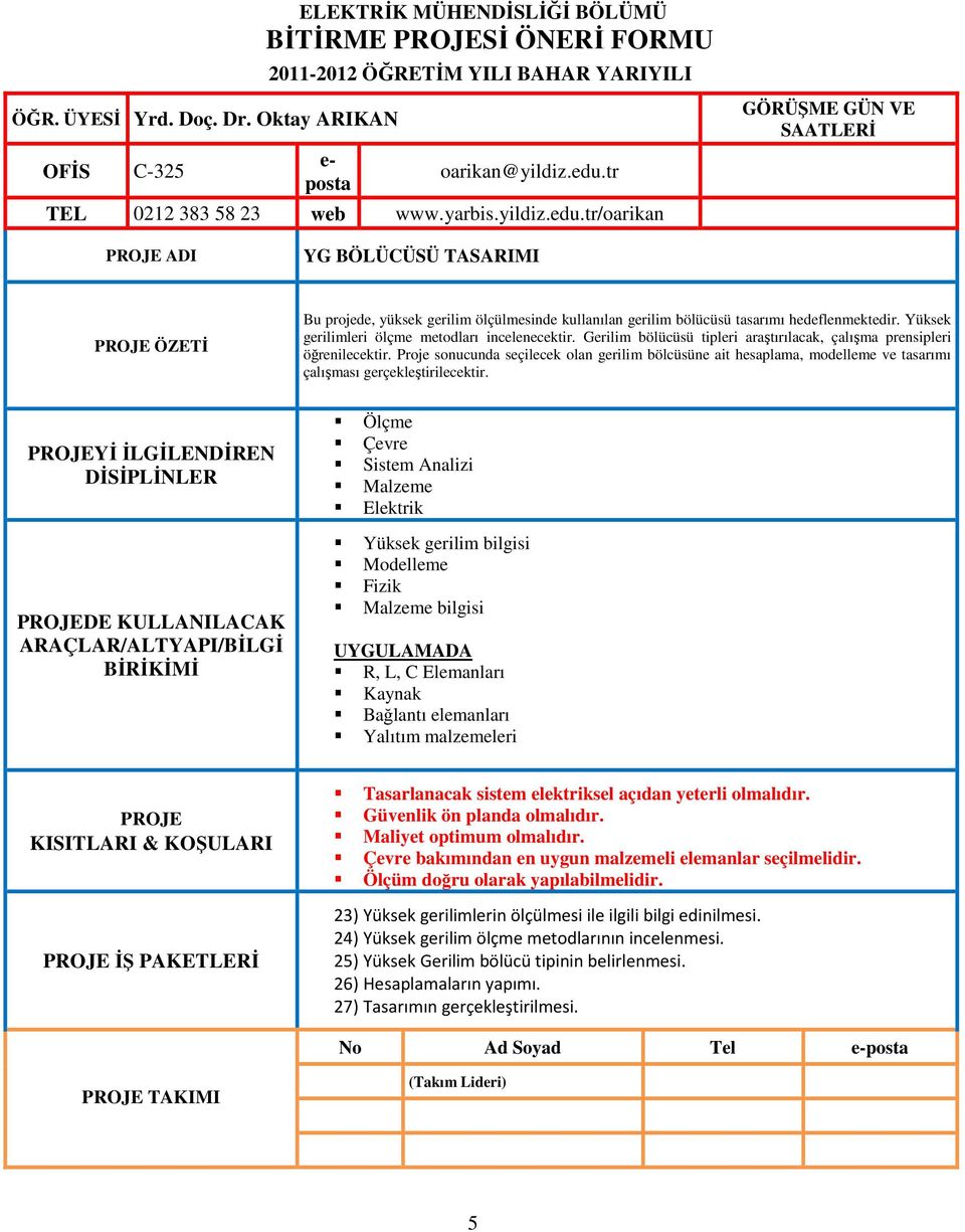 Yİ İLGİLENDİREN DE KULLANILACAK Ölçme Sistem Analizi Elektrik Yüksek gerilim bilgisi Modelleme Fizik bilgisi UYGULAMADA R, L, C Elemanları Kaynak Bağlantı elemanları Yalıtım malzemeleri İŞ PAKETLERİ