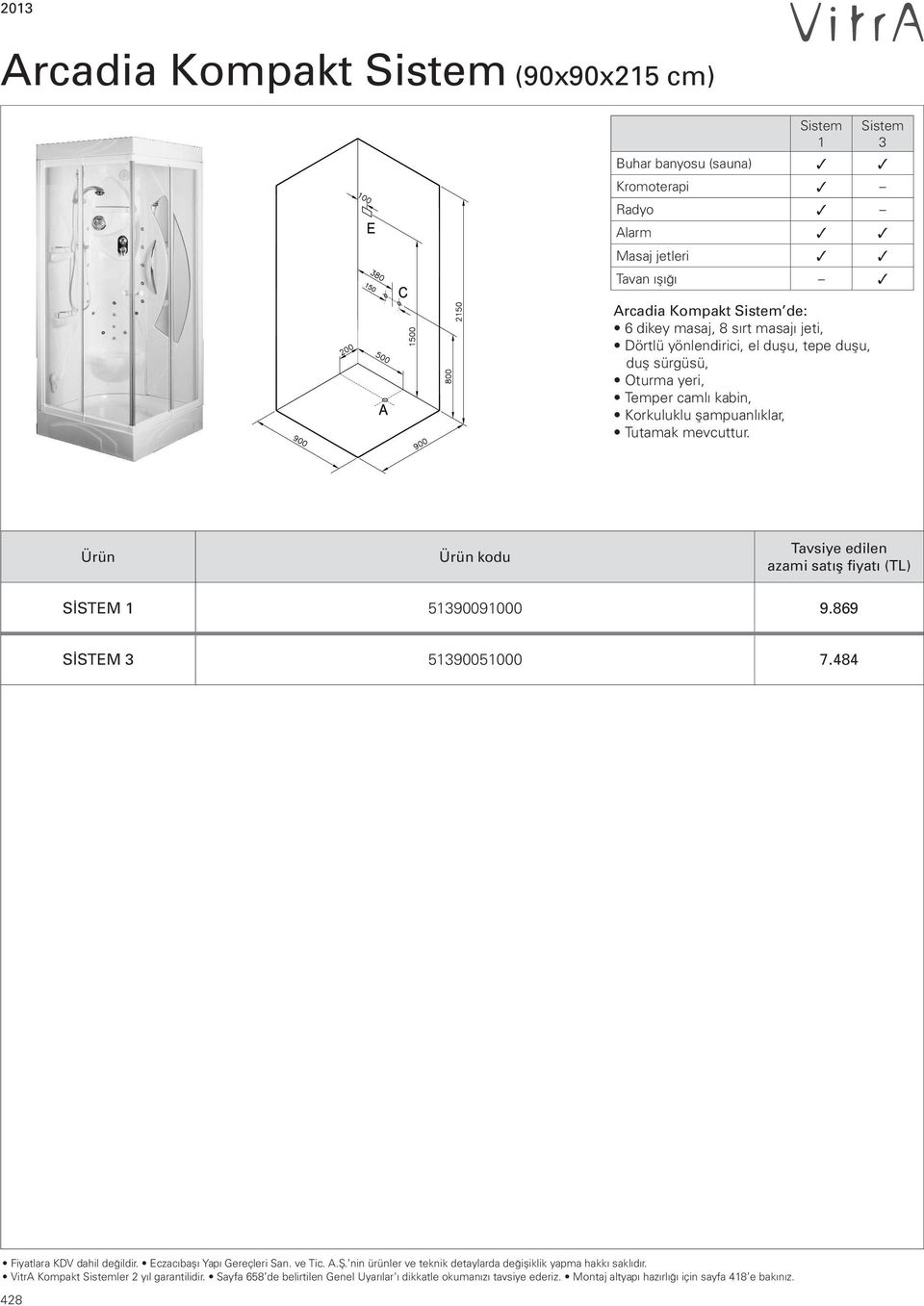 Sistem 3 Buhar banyosu (sauna) Kromoterapi Radyo Alarm Masaj jetleri Tavan ışığı Ürün Ürün kodu Tavsiye edilen azami SİSTEM 1 51390091000 9.869 SİSTEM 3 51390051000 7.