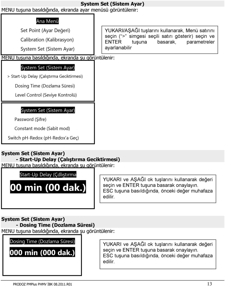 ph-redox (ph-redox a Geç) - Start-Up Delay (Çalıştırma Geciktirmesi) Start-Up Delay (Çdlıştırma Geciktirmesi) 00 min (00 dak.