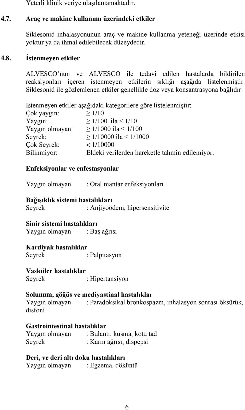 İstenmeyen etkiler ALVESCO nun ve ALVESCO ile tedavi edilen hastalarda bildirilen reaksiyonları içeren istenmeyen etkilerin sıklığı aşağıda listelenmiştir.