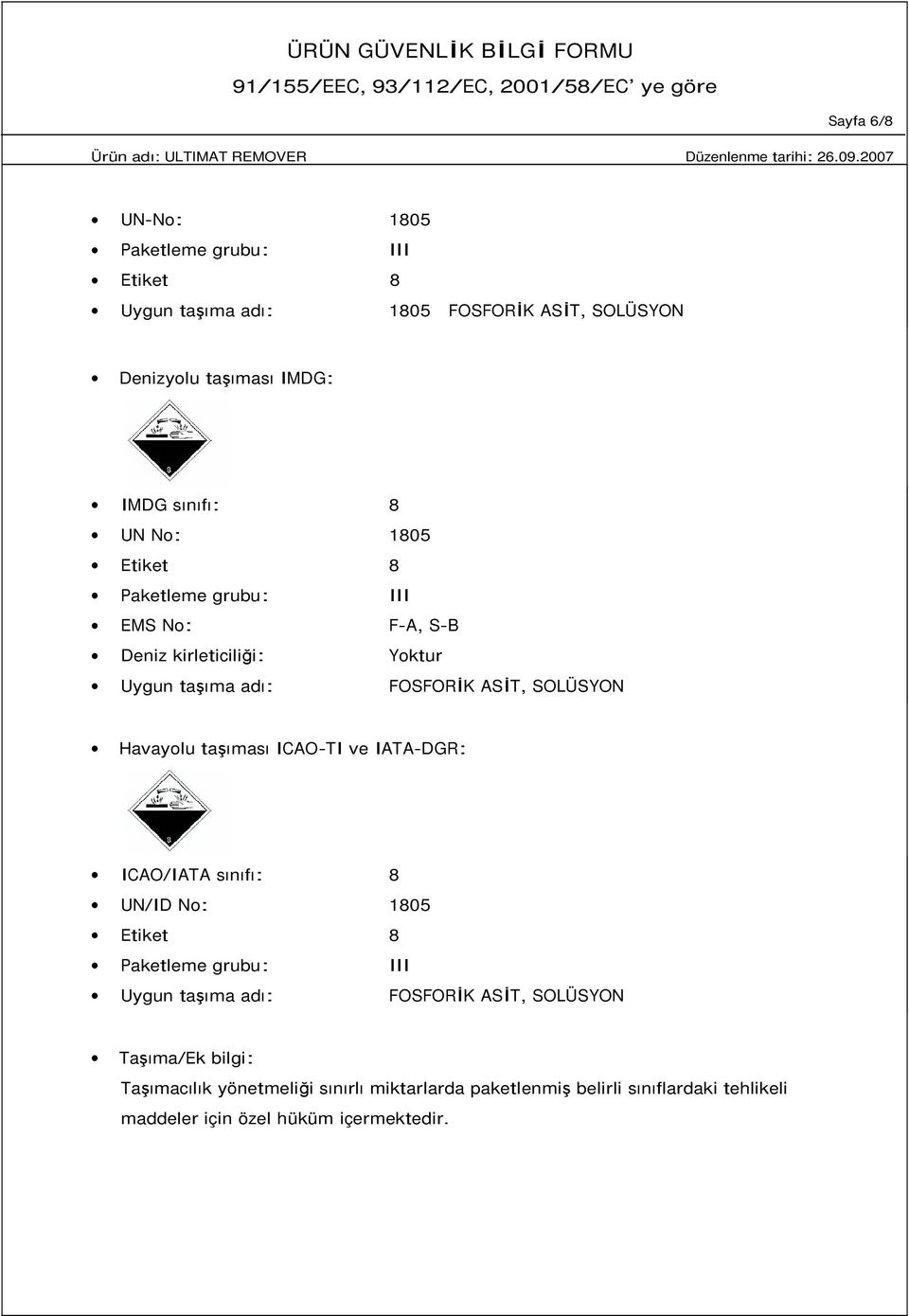 taşıması ICAO-TI ve IATA-DGR: ICAO/IATA sınıfı: 8 UN/ID No: 1805 Etiket 8 Paketleme grubu: III Uygun taşıma adı: FOSFORĐK ASĐT, SOLÜSYON
