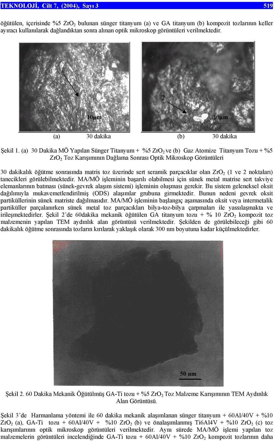 (a) 30 Dakika MÖ Yapılan Sünger Titanyum + %5 ZrO 2 ve (b) Gaz Atomize Titanyum Tozu + %5 ZrO 2 Toz Karışımının Dağlama Sonrası Optik Mikroskop Görüntüleri 30 dakikalık öğütme sonrasında matris toz