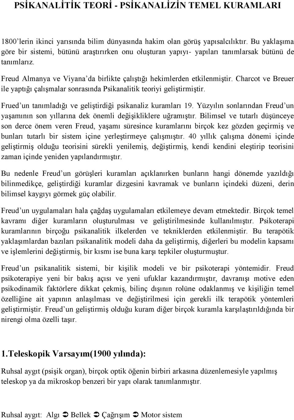 Charcot ve Breuer ile yaptığı çalışmalar sonrasında Psikanalitik teoriyi geliştirmiştir. Frued un tanımladığı ve geliştirdiği psikanaliz kuramları 19.