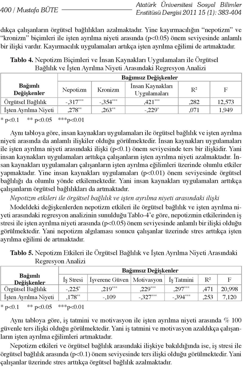 Kayırmacılık uygulamaları artıkça işten ayrılma eğilimi de artmaktadır. Tablo 4.