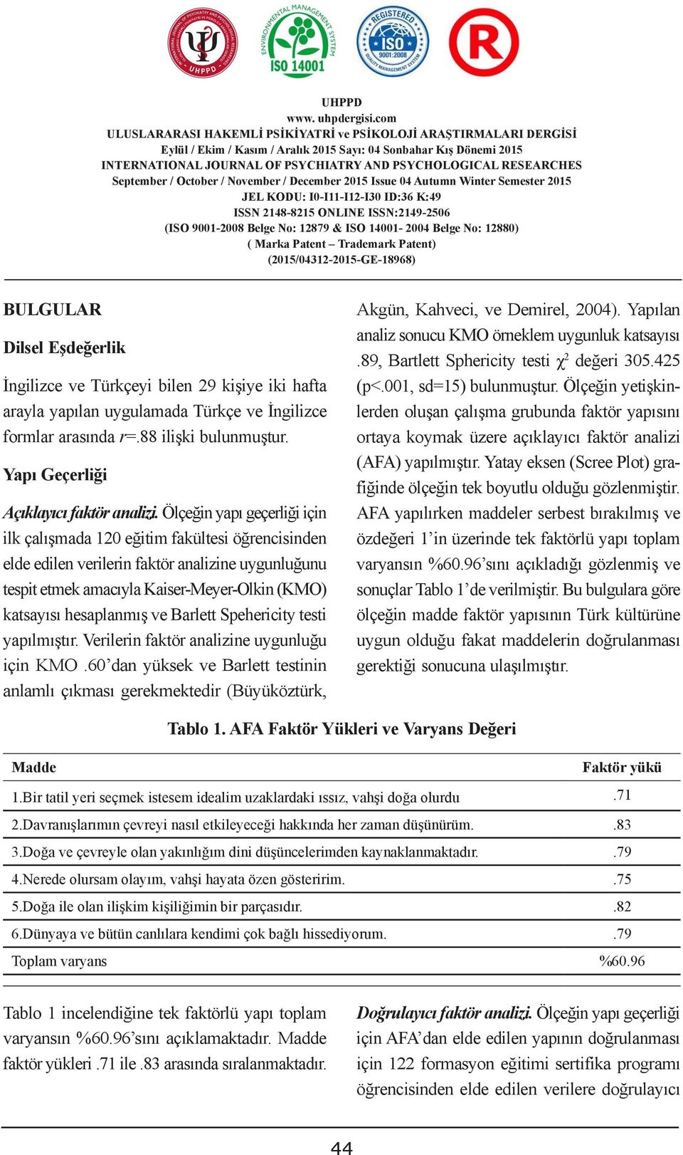 400-2004 Belge No: 2880) (ISO 900-2008 ( Belge Marka No: Patent 2879 & Trademark ISO 400-2004 Patent) Belge No: 2880) (205/0432-205-GE-8968) BULGULAR Akgün, Kahveci, ve Demirel, 2004).