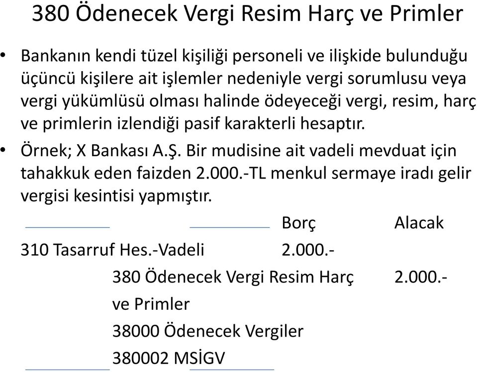 hesaptır. Örnek; X Bankası A.Ş. Bir mudisine ait vadeli mevduat için tahakkuk eden faizden 2.000.