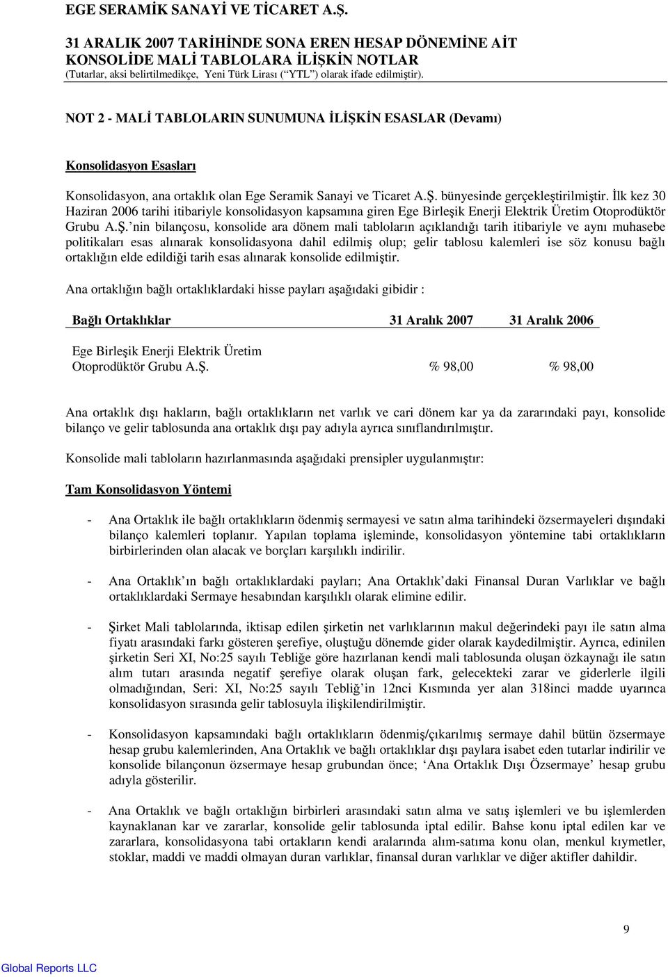 nin bilançosu, konsolide ara dönem mali tabloların açıklandığı tarih itibariyle ve aynı muhasebe politikaları esas alınarak konsolidasyona dahil edilmiş olup; gelir tablosu kalemleri ise söz konusu