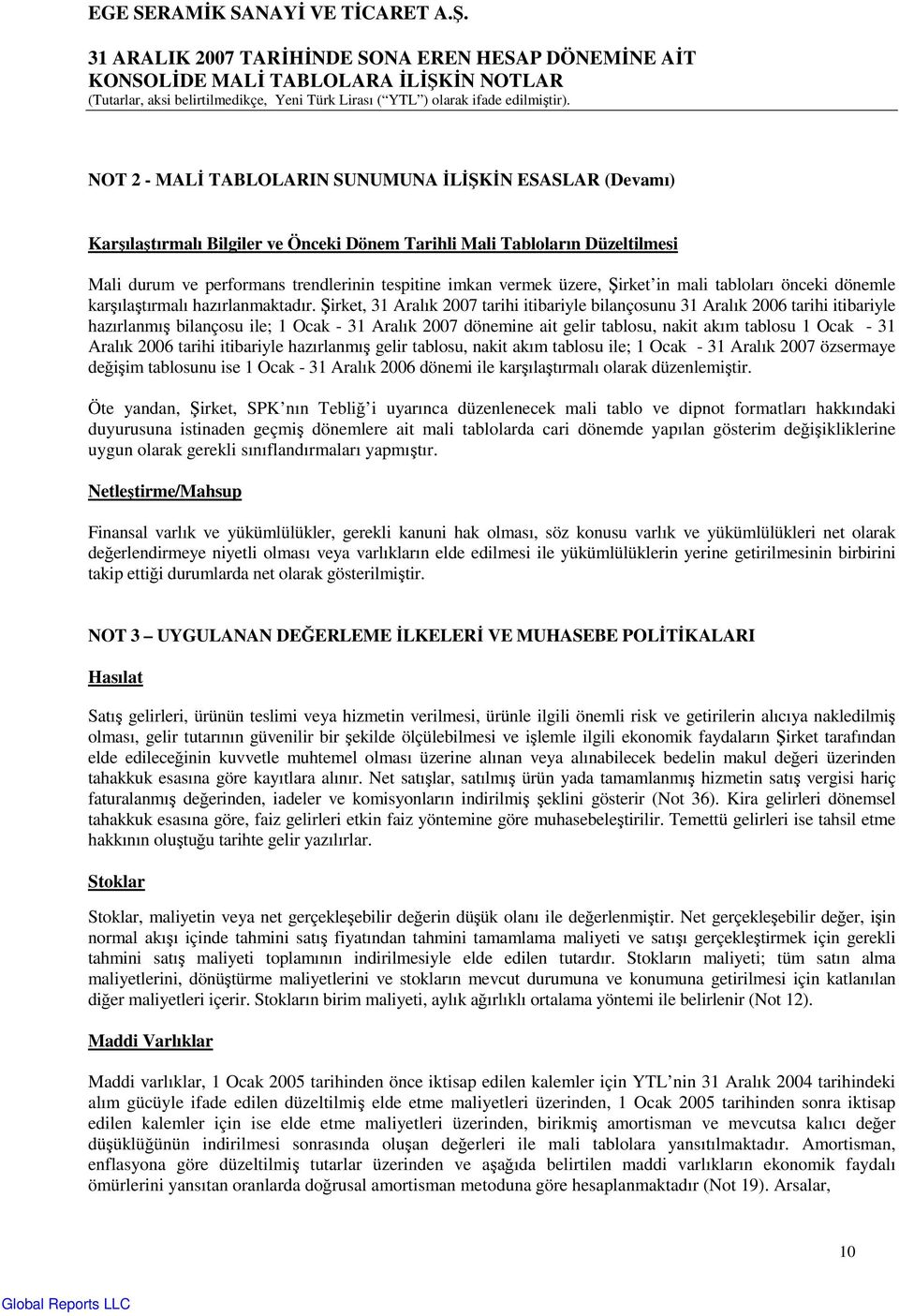 Şirket, 31 Aralık 2007 tarihi itibariyle bilançosunu 31 Aralık 2006 tarihi itibariyle hazırlanmış bilançosu ile; 1 Ocak - 31 Aralık 2007 dönemine ait gelir tablosu, nakit akım tablosu 1 Ocak - 31