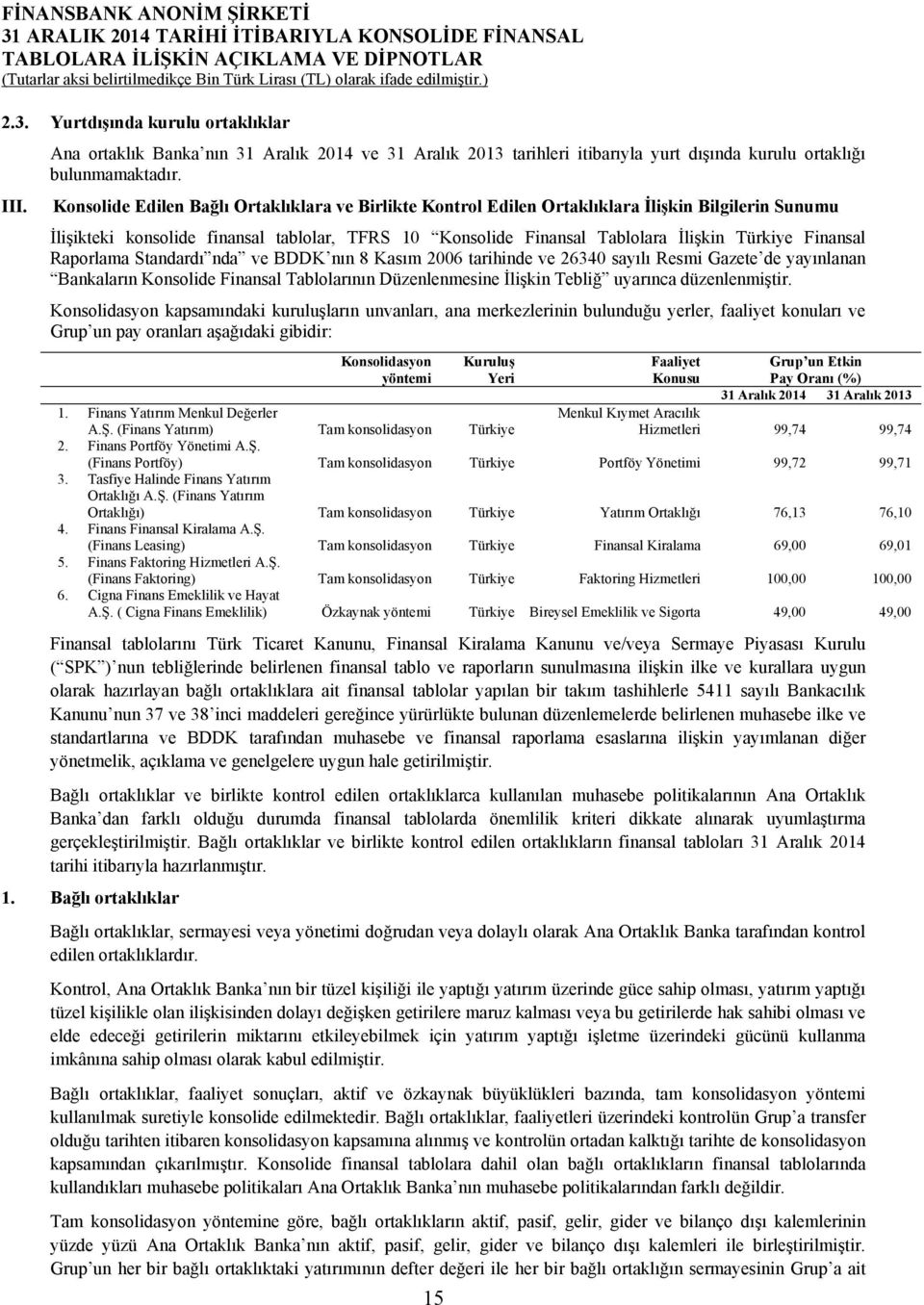 Finansal Raporlama Standardı nda ve BDDK nın 8 Kasım 2006 tarihinde ve 26340 sayılı Resmi Gazete de yayınlanan Bankaların Konsolide Finansal Tablolarının Düzenlenmesine İlişkin Tebliğ uyarınca