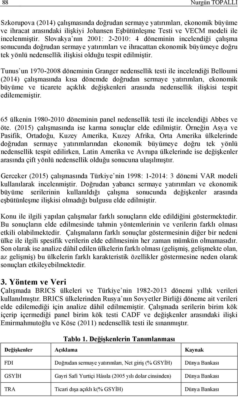 Tunus un 970-2008 dönemnn Granger nedensellk es le ncelendğ Belloum (204) çalışmasında kısa dönemde doğrudan sermae aırımları ekonomk büüme ve caree açıklık değşkenler arasında nedensellk lşks esp