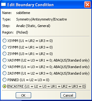 Module menüsünde Load u seçiniz ve bu menüye ait araç kutusu bölgesinde bulunan Create Boundary Conditions butonuna tıklayınız(bu işlemi gerçekleştirirken amacımız montaj parçamızda sabit tutacağımız