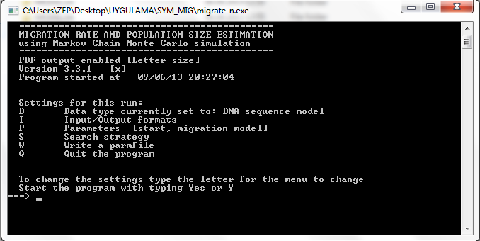 Migrate Programını Aç: Panik Yok!!! i tuşuna basarak input/output menüsüne girin ve datafile ismini hopterix3pop a outputfile ismini model1 e çevirin. Y tuşu ile ana menüye dönün.